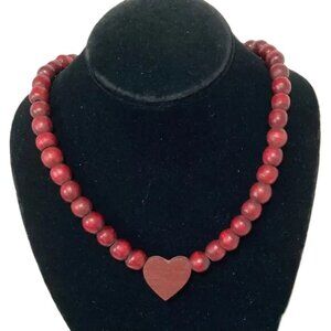 Chunky Brown Wood Heart with Burgundy Beads Long Statement Necklace 13 inches